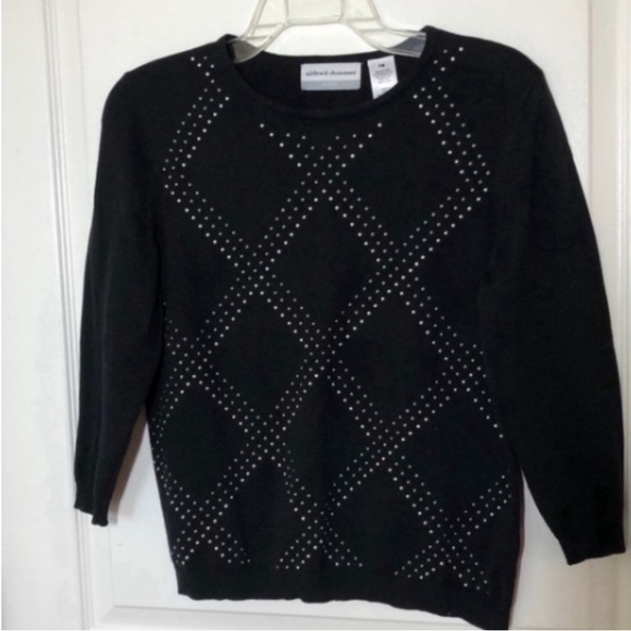 Alfred Dunner Sweaters - Alfred Dunner Sweater Black Argyle Plaid Checkered Diamond Gems Metallic Knit PM